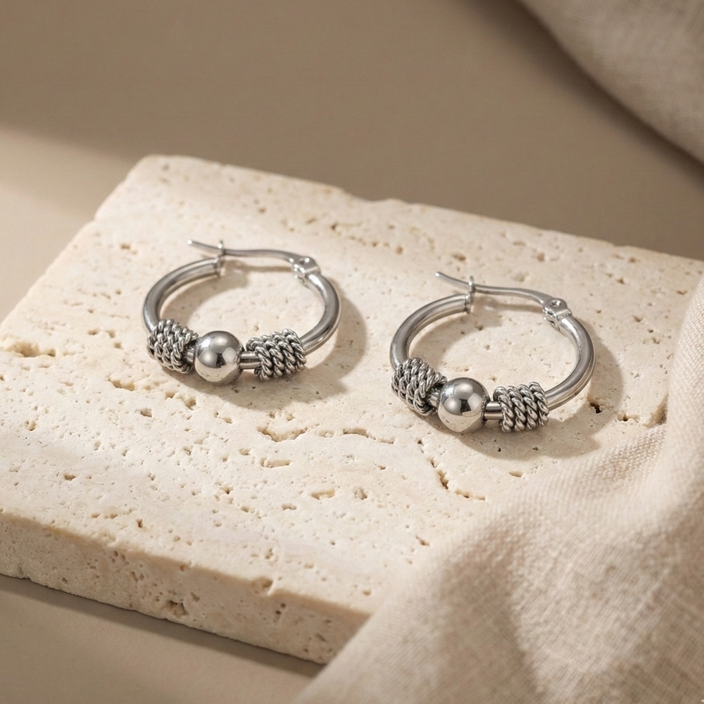 Silver Beaded Hoop Earrings Stainless Steel Textured Boho Minimalist Huggie 0.9" - Picture 5 of 15